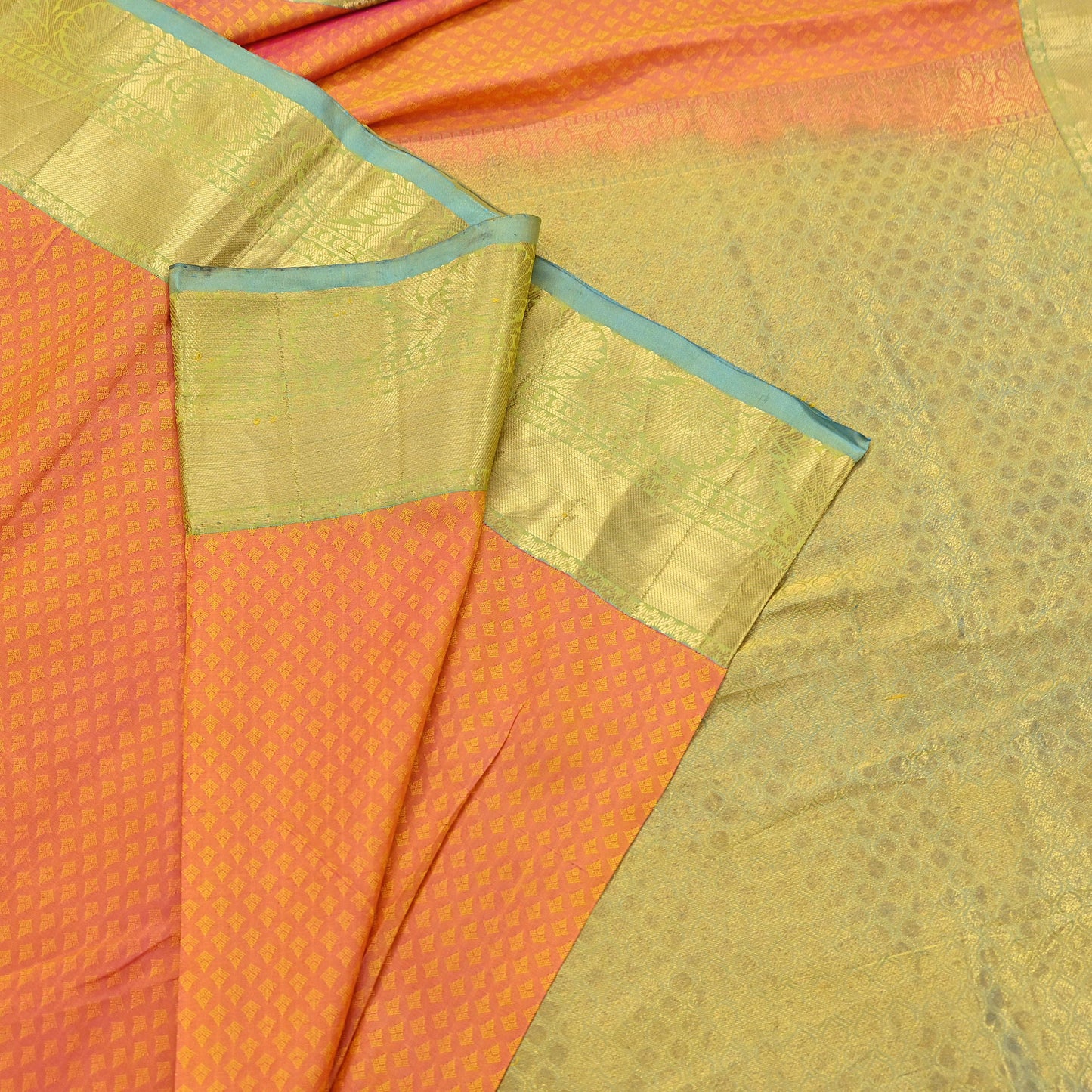 Indian Vintage Heavy Sari Green & Orange Kanjivaram Saree 100% Pure Silk Zari 5Yd Crafting Dress making For Crafting Quilting Upcycle