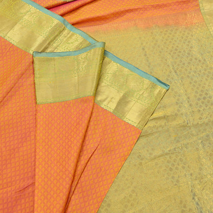 Indian Vintage Heavy Sari Green & Orange Kanjivaram Saree 100% Pure Silk Zari 5Yd Crafting Dress making For Crafting Quilting Upcycle