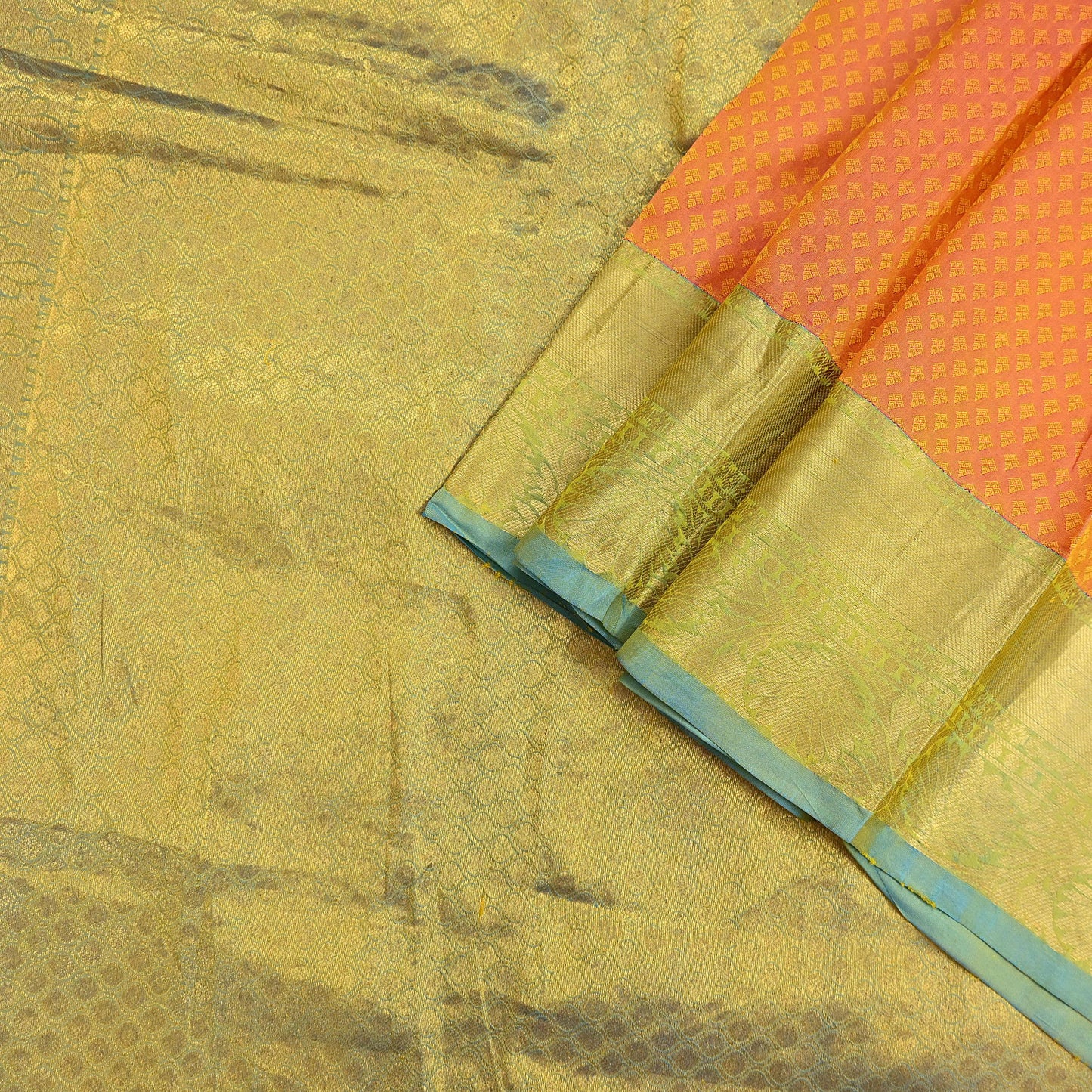 Indian Vintage Heavy Sari Green & Orange Kanjivaram Saree 100% Pure Silk Zari 5Yd Crafting Dress making For Crafting Quilting Upcycle