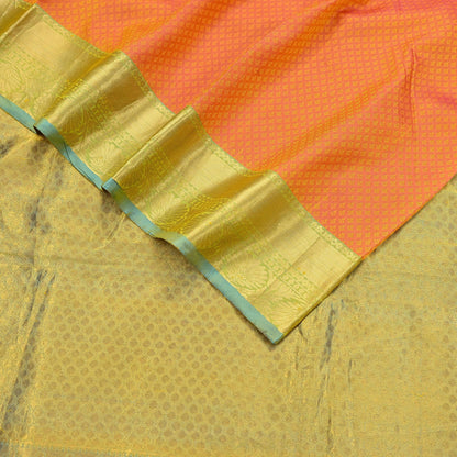 Indian Vintage Heavy Sari Green & Orange Kanjivaram Saree 100% Pure Silk Zari 5Yd Crafting Dress making For Crafting Quilting Upcycle