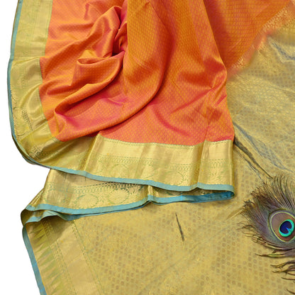 Indian Vintage Heavy Sari Green & Orange Kanjivaram Saree 100% Pure Silk Zari 5Yd Crafting Dress making For Crafting Quilting Upcycle