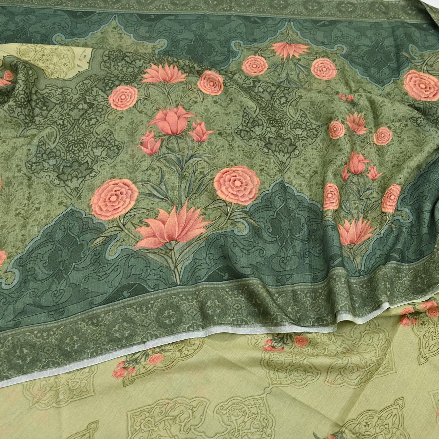 Indian Vintage Sari Green Blend Silk Woven Digital Printed Saree Craft Fabric 5yd Soft Dress Designing Crafting Quilting