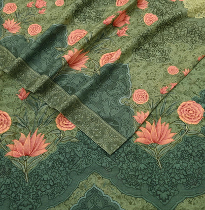 Indian Vintage Sari Green Blend Silk Woven Digital Printed Saree Craft Fabric 5yd Soft Dress Designing Crafting Quilting