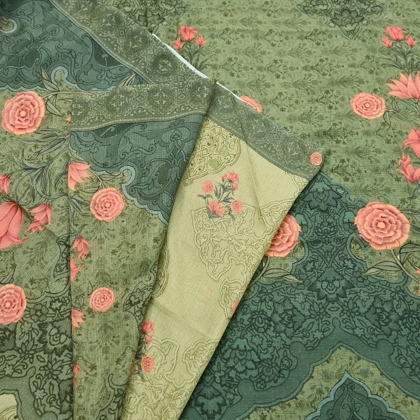 Indian Vintage Sari Green Blend Silk Woven Digital Printed Saree Craft Fabric 5yd Soft Dress Designing Crafting Quilting