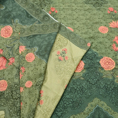 Indian Vintage Sari Green Blend Silk Woven Digital Printed Saree Craft Fabric 5yd Soft Dress Designing Crafting Quilting