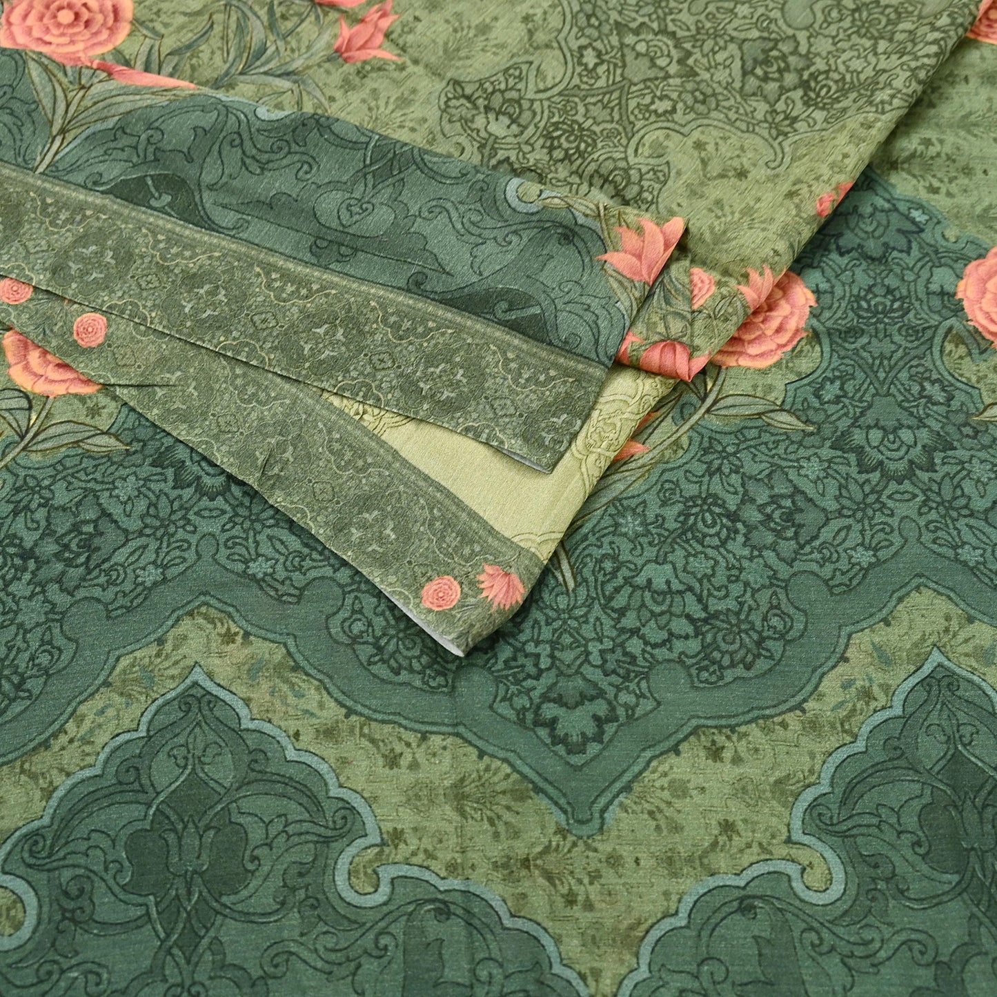 Indian Vintage Sari Green Blend Silk Woven Digital Printed Saree Craft Fabric 5yd Soft Dress Designing Crafting Quilting