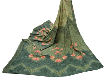 Indian Vintage Sari Green Blend Silk Woven Digital Printed Saree Craft Fabric 5yd Soft Dress Designing Crafting Quilting