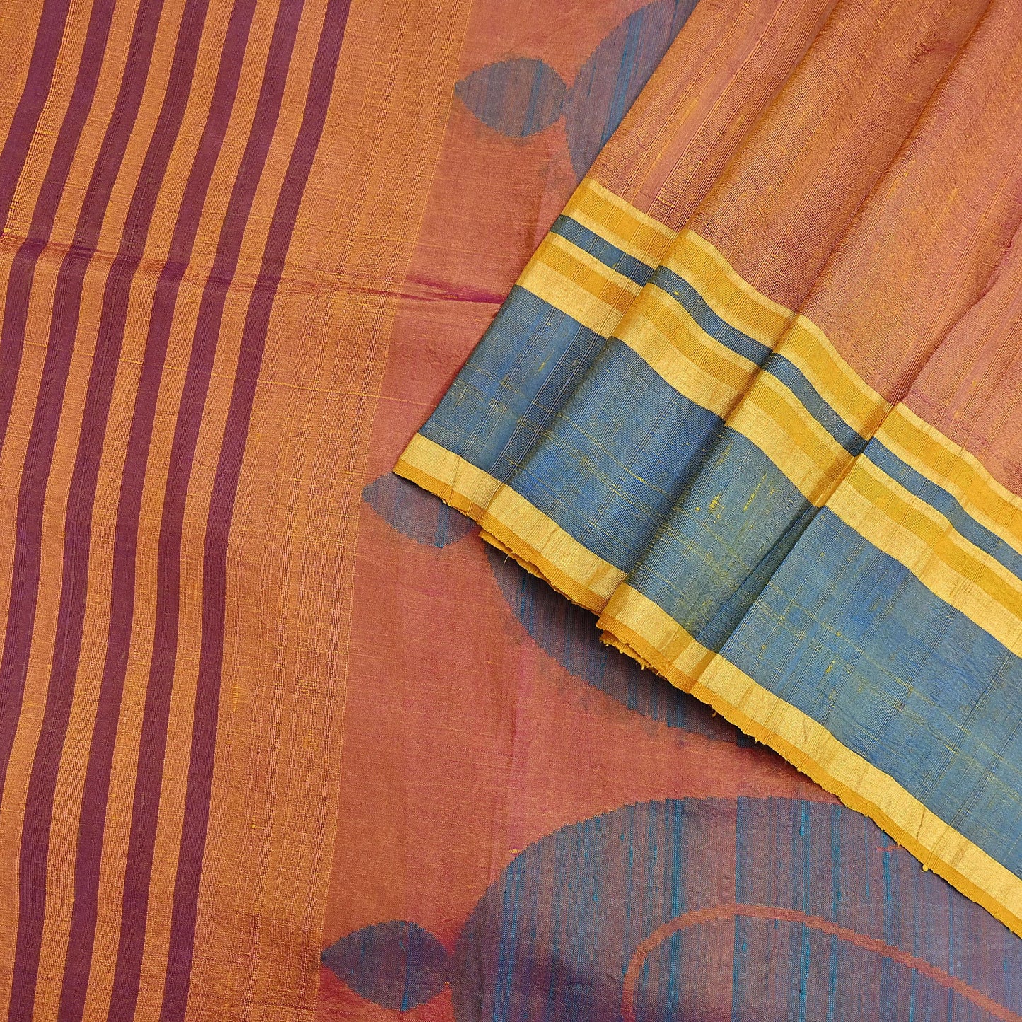 Indian Vintage Sari Saffron & purple 100% Pure Silk Hand Woven Sarees Craft Fabric 5Yd Ethnic Sewing Dress making Crafting Quilting Upcycle
