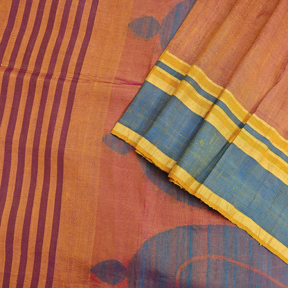Indian Vintage Sari Saffron & purple 100% Pure Silk Hand Woven Sarees Craft Fabric 5Yd Ethnic Sewing Dress making Crafting Quilting Upcycle