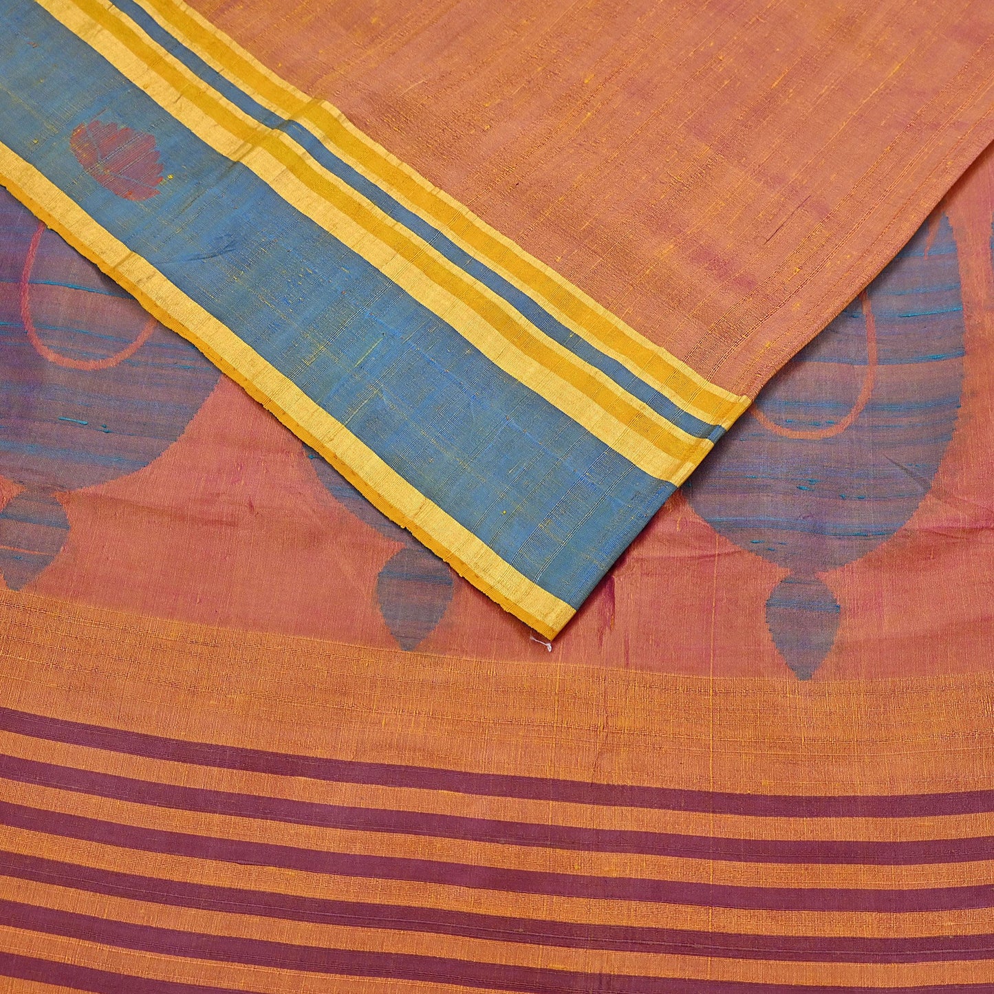 Indian Vintage Sari Saffron & purple 100% Pure Silk Hand Woven Sarees Craft Fabric 5Yd Ethnic Sewing Dress making Crafting Quilting Upcycle
