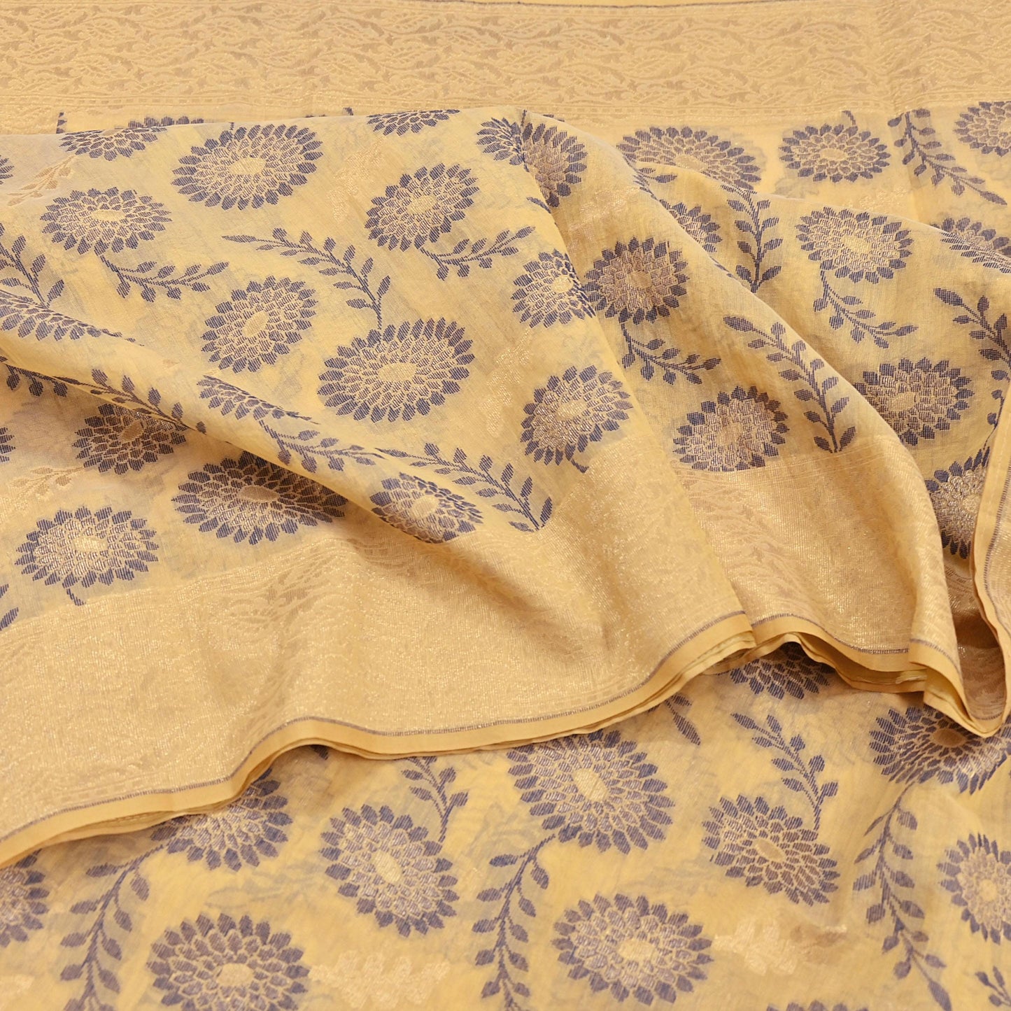 Indian Vintage Sari Beige  Blend Cotton Hand Woven Saree 5yard Ethnic Fringes Zari Fabric