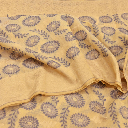 Indian Vintage Sari Beige  Blend Cotton Hand Woven Saree 5yard Ethnic Fringes Zari Fabric