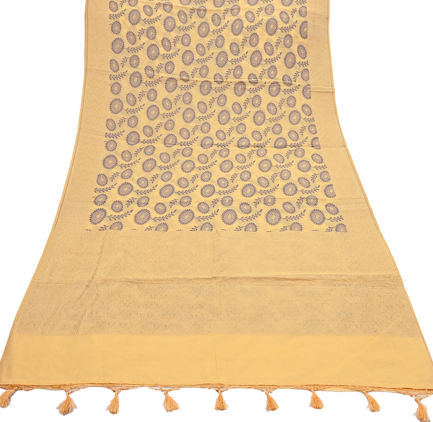 Indian Vintage Sari Beige  Blend Cotton Hand Woven Saree 5yard Ethnic Fringes Zari Fabric