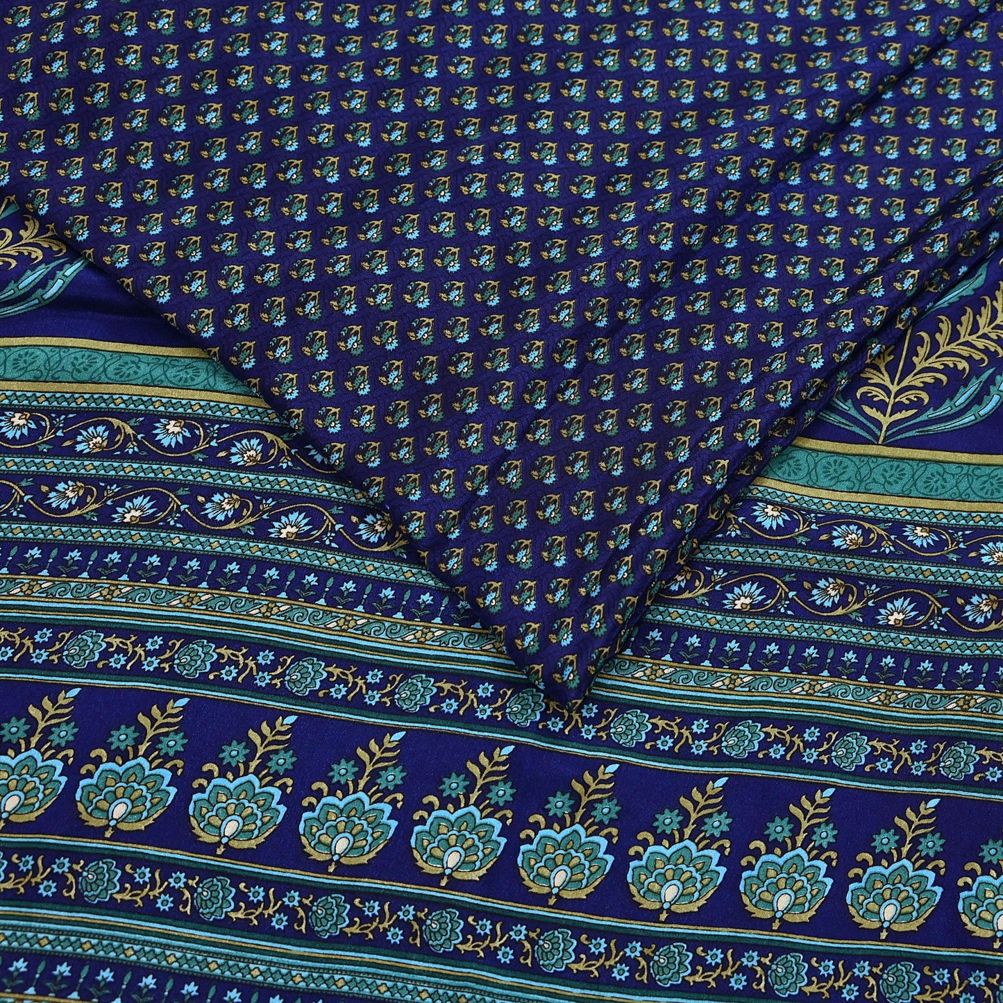 Indian Vintage Blue Moss Crepe Saree Printed Floral Sari Fabric 6 Yards Soft Craft Fabric for Sewing, Dressmaking, Quilting,Upcycling