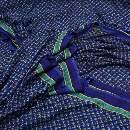 Indian Vintage Blue Moss Crepe Saree Printed Floral Sari Fabric 6 Yards Soft Craft Fabric for Sewing, Dressmaking, Quilting,Upcycling