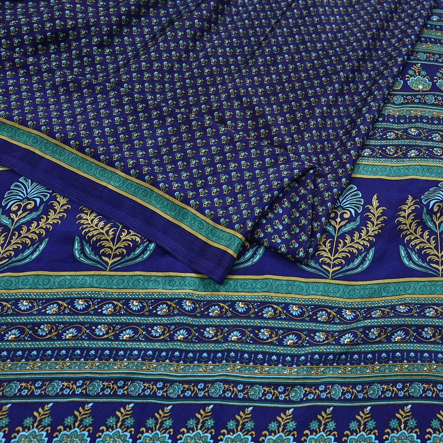 Indian Vintage Blue Moss Crepe Saree Printed Floral Sari Fabric 6 Yards Soft Craft Fabric for Sewing, Dressmaking, Quilting,Upcycling