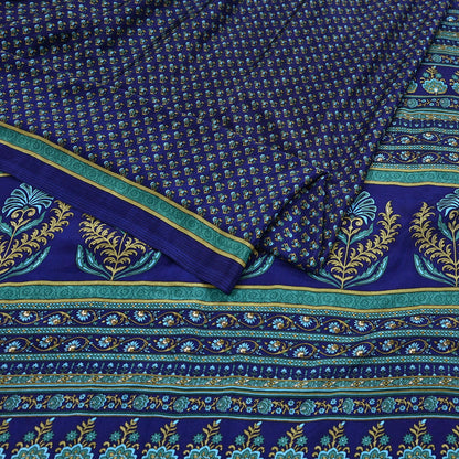 Indian Vintage Blue Moss Crepe Saree Printed Floral Sari Fabric 6 Yards Soft Craft Fabric for Sewing, Dressmaking, Quilting,Upcycling