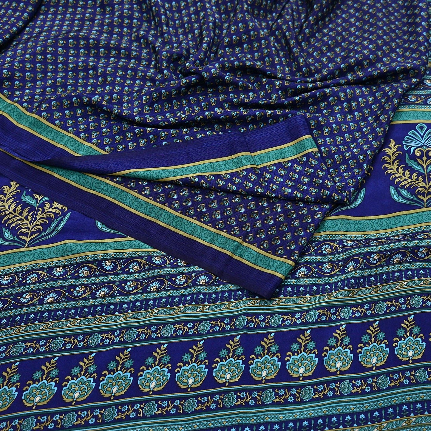 Indian Vintage Blue Moss Crepe Saree Printed Floral Sari Fabric 6 Yards Soft Craft Fabric for Sewing, Dressmaking, Quilting,Upcycling