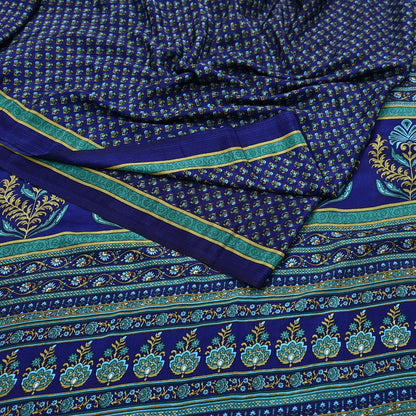 Indian Vintage Blue Moss Crepe Saree Printed Floral Sari Fabric 6 Yards Soft Craft Fabric for Sewing, Dressmaking, Quilting,Upcycling