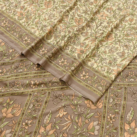 Indian Vintage Beige & Brown Moss Crepe Printed Saree Floral Design 5 Yards Soft Craft Fabric for Dressmaking, Décor, Quilting, Upcycling