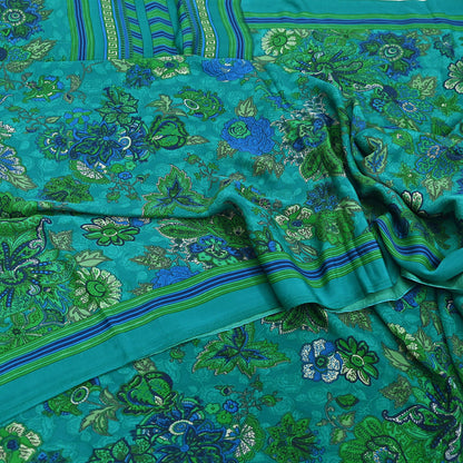Indian Vintage Green Moss Crepe Saree Printed Floral Sari Fabric 5 Yards Soft Craft Fabric for Sewing, Dressmaking, Quilting,Upcycling