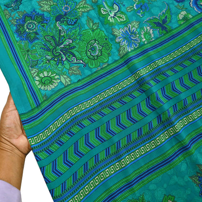 Indian Vintage Green Moss Crepe Saree Printed Floral Sari Fabric 5 Yards Soft Craft Fabric for Sewing, Dressmaking, Quilting,Upcycling