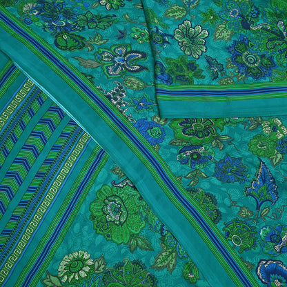 Indian Vintage Green Moss Crepe Saree Printed Floral Sari Fabric 5 Yards Soft Craft Fabric for Sewing, Dressmaking, Quilting,Upcycling