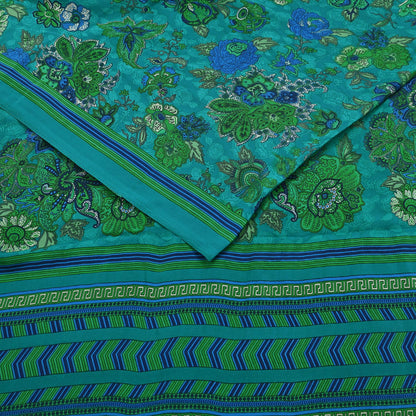 Indian Vintage Green Moss Crepe Saree Printed Floral Sari Fabric 5 Yards Soft Craft Fabric for Sewing, Dressmaking, Quilting,Upcycling