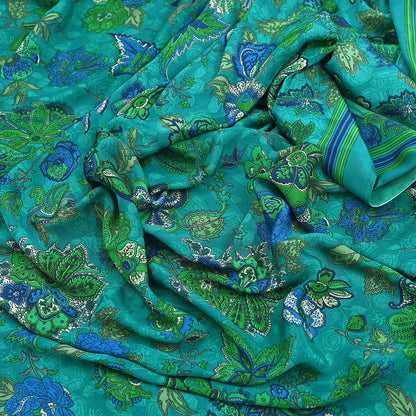 Indian Vintage Green Moss Crepe Saree Printed Floral Sari Fabric 5 Yards Soft Craft Fabric for Sewing, Dressmaking, Quilting,Upcycling