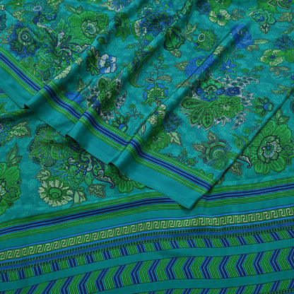Indian Vintage Green Moss Crepe Saree Printed Floral Sari Fabric 5 Yards Soft Craft Fabric for Sewing, Dressmaking, Quilting,Upcycling