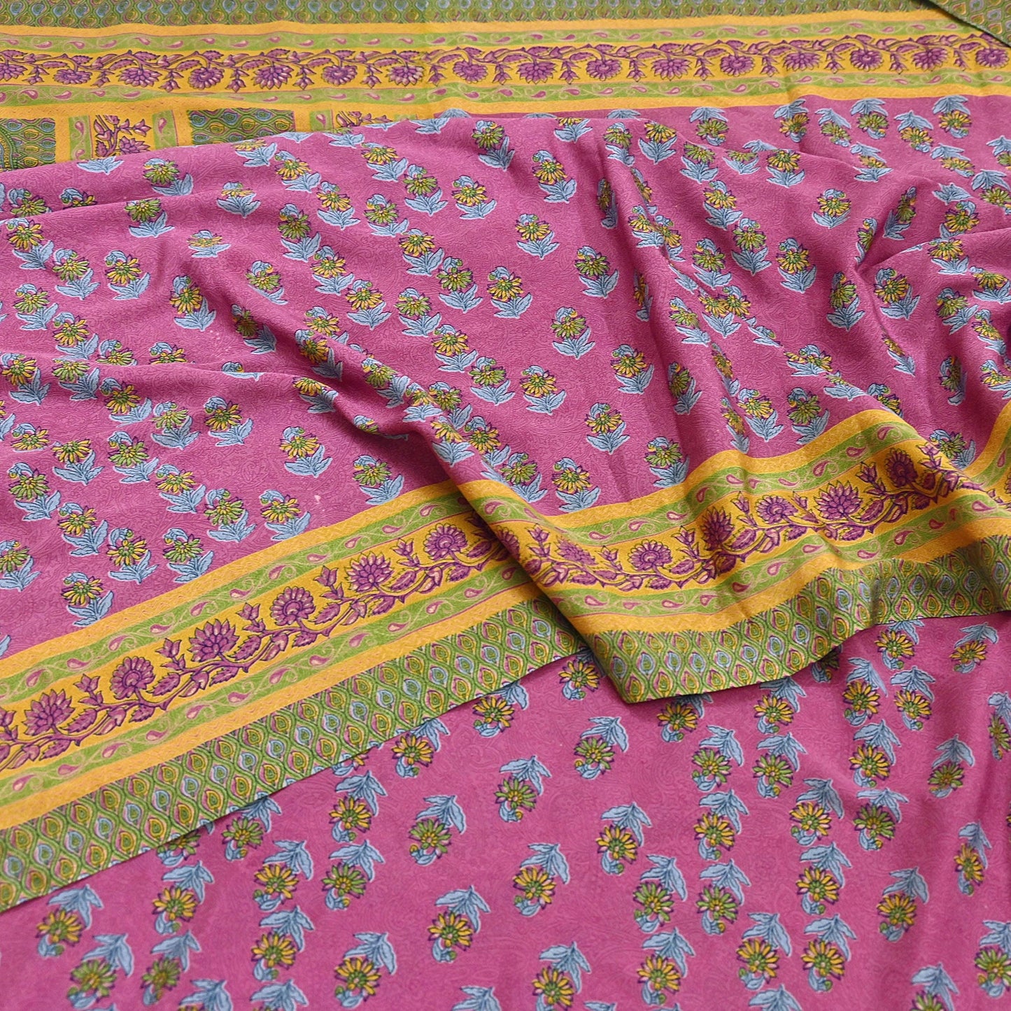 Indian Vintage Sari Green & Pink Moss Crepe Printed Sarees 5yd Craft Fabric Sewing Floral Soft Dress making Quilting Crafting Upcycle Used
