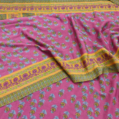 Indian Vintage Sari Green & Pink Moss Crepe Printed Sarees 5yd Craft Fabric Sewing Floral Soft Dress making Quilting Crafting Upcycle Used