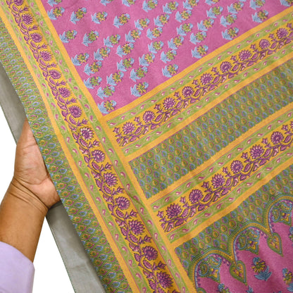 Indian Vintage Sari Green & Pink Moss Crepe Printed Sarees 5yd Craft Fabric Sewing Floral Soft Dress making Quilting Crafting Upcycle Used