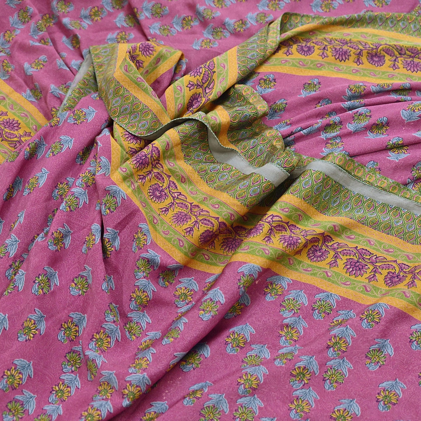 Indian Vintage Sari Green & Pink Moss Crepe Printed Sarees 5yd Craft Fabric Sewing Floral Soft Dress making Quilting Crafting Upcycle Used