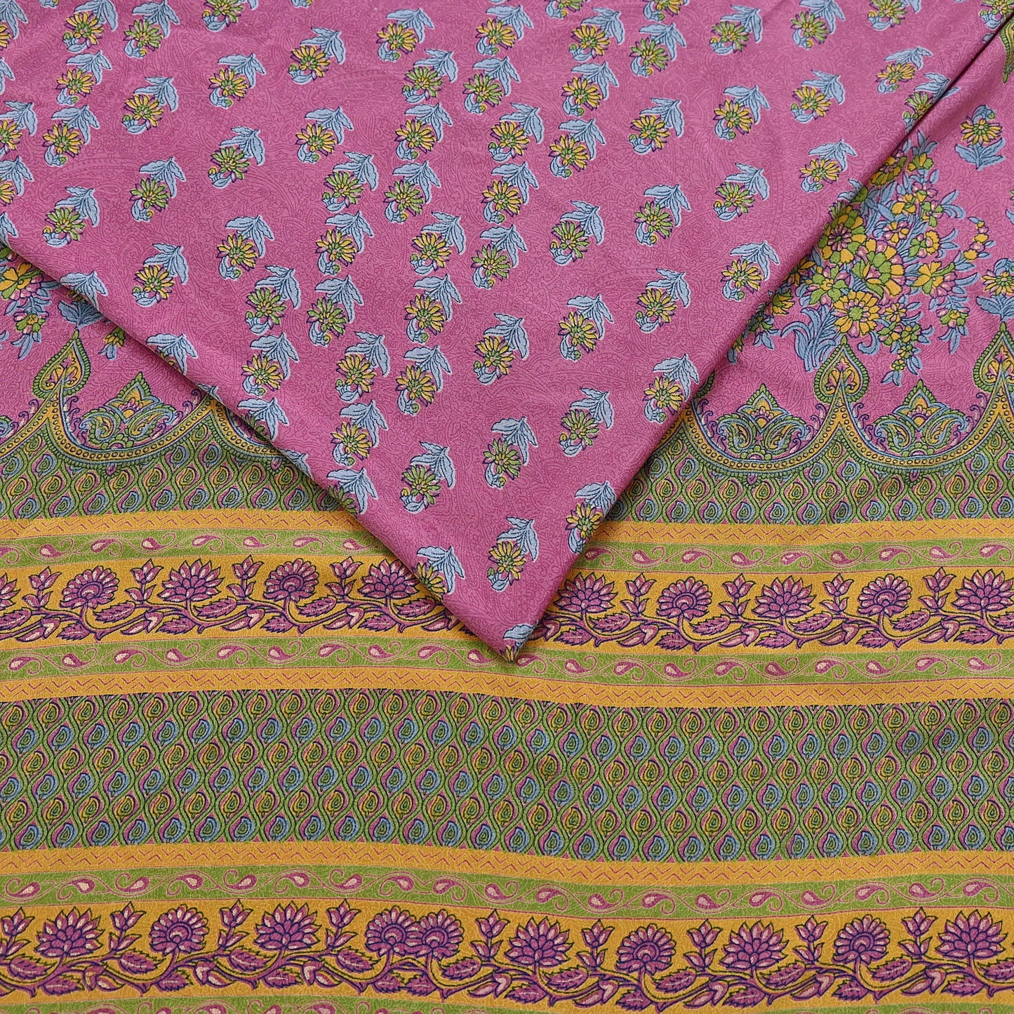 Indian Vintage Sari Green & Pink Moss Crepe Printed Sarees 5yd Craft Fabric Sewing Floral Soft Dress making Quilting Crafting Upcycle Used