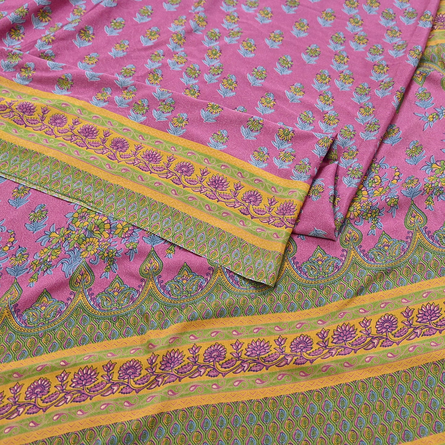 Indian Vintage Sari Green & Pink Moss Crepe Printed Sarees 5yd Craft Fabric Sewing Floral Soft Dress making Quilting Crafting Upcycle Used