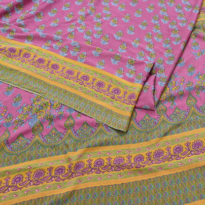 Indian Vintage Sari Green & Pink Moss Crepe Printed Sarees 5yd Craft Fabric Sewing Floral Soft Dress making Quilting Crafting Upcycle Used