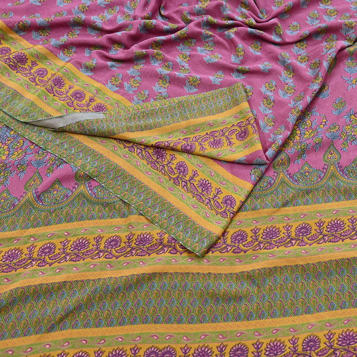 Indian Vintage Sari Green & Pink Moss Crepe Printed Sarees 5yd Craft Fabric Sewing Floral Soft Dress making Quilting Crafting Upcycle Used