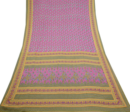 Indian Vintage Sari Green & Pink Moss Crepe Printed Sarees 5yd Craft Fabric Sewing Floral Soft Dress making Quilting Crafting Upcycle Used