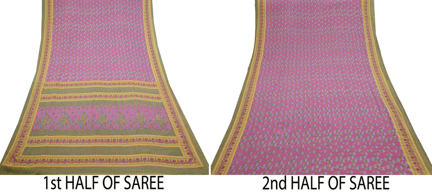 Indian Vintage Sari Green & Pink Moss Crepe Printed Sarees 5yd Craft Fabric Sewing Floral Soft Dress making Quilting Crafting Upcycle Used