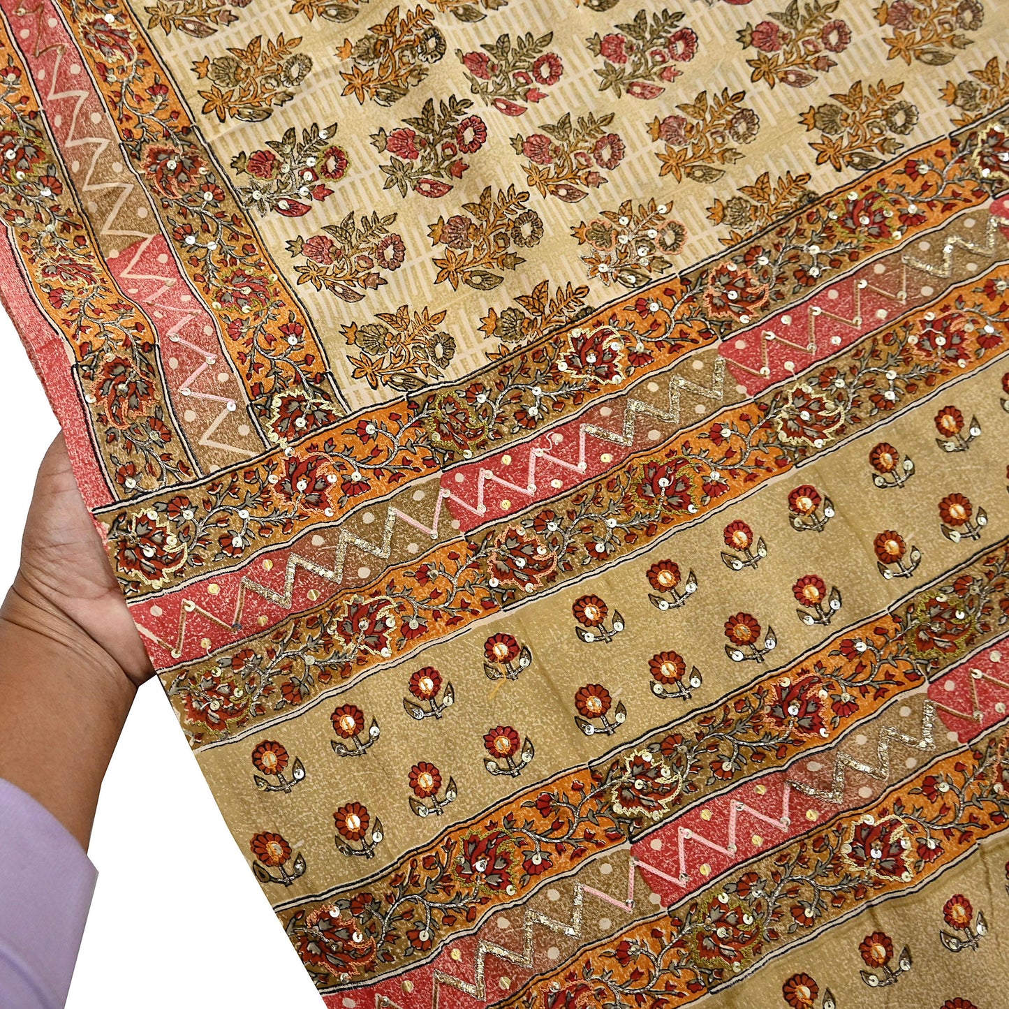 Indian Vintage Sari Beige Pure Crepe Silk Hand Embroidered Saree 5yd Sewing Floral Craft Sequins Dress making Crafting Quilting