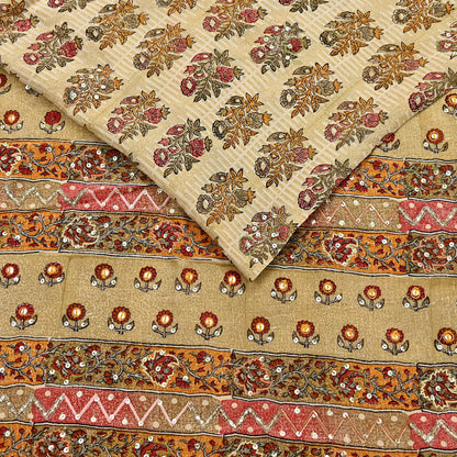 Indian Vintage Sari Beige Pure Crepe Silk Hand Embroidered Saree 5yd Sewing Floral Craft Sequins Dress making Crafting Quilting