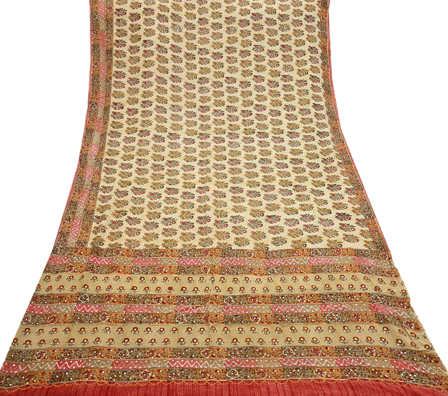 Indian Vintage Sari Beige Pure Crepe Silk Hand Embroidered Saree 5yd Sewing Floral Craft Sequins Dress making Crafting Quilting