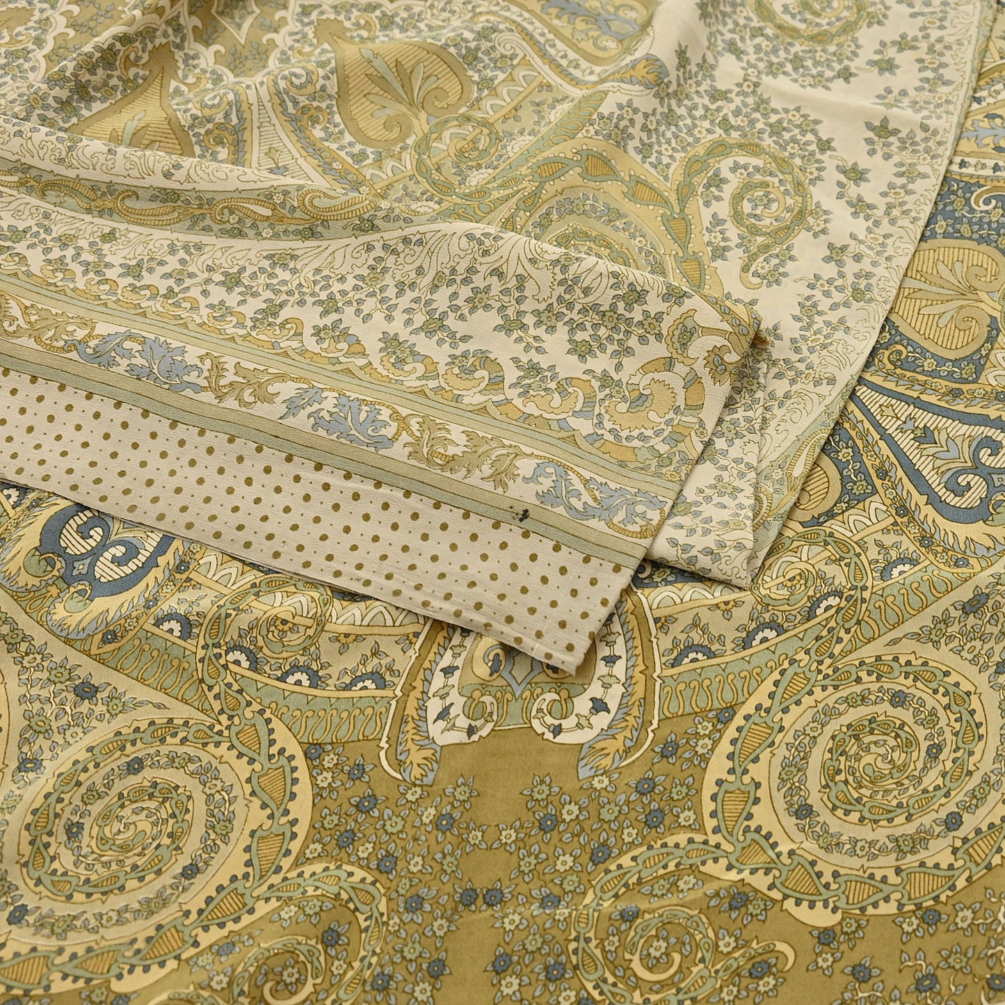 Indian Vintage Sari Green & Ivory Pure Crepe Silk Printed Saree 6yd Sewing Floral Soft Craft Fabric Wrap Dress making Crafting Quilting