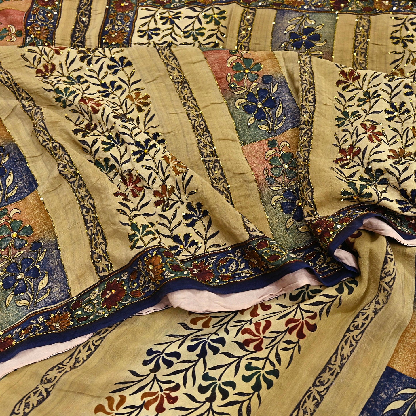 Indian Vintage Sari Beige Pure Crepe Silk Hand Embroidered Saree 6yd Sewing Floral Craft Sequins Dress making Crafting Quilting