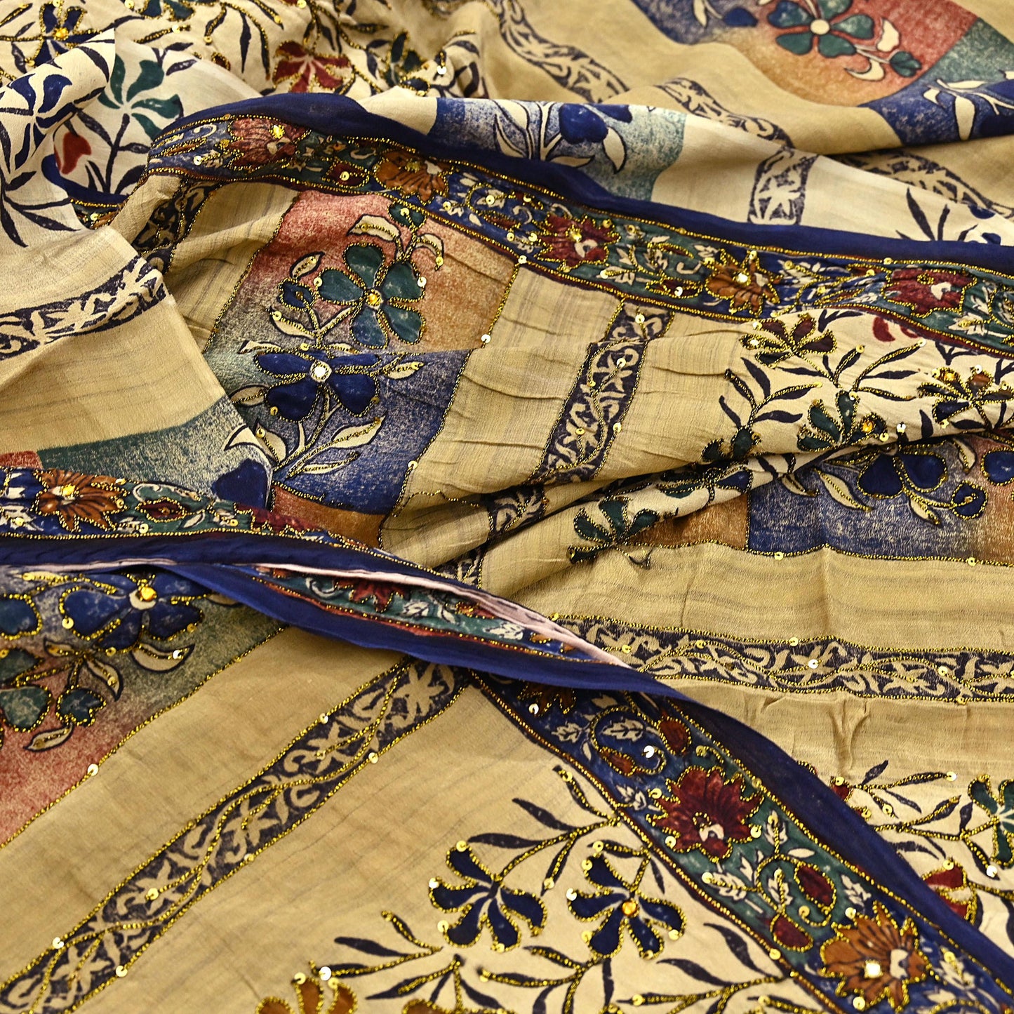 Indian Vintage Sari Beige Pure Crepe Silk Hand Embroidered Saree 6yd Sewing Floral Craft Sequins Dress making Crafting Quilting