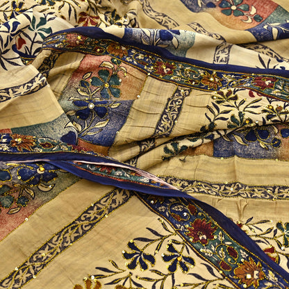 Indian Vintage Sari Beige Pure Crepe Silk Hand Embroidered Saree 6yd Sewing Floral Craft Sequins Dress making Crafting Quilting