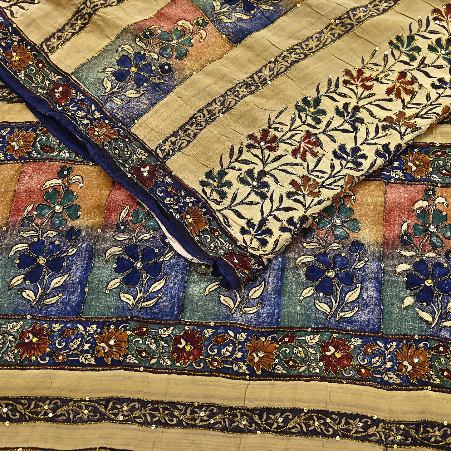 Indian Vintage Sari Beige Pure Crepe Silk Hand Embroidered Saree 6yd Sewing Floral Craft Sequins Dress making Crafting Quilting