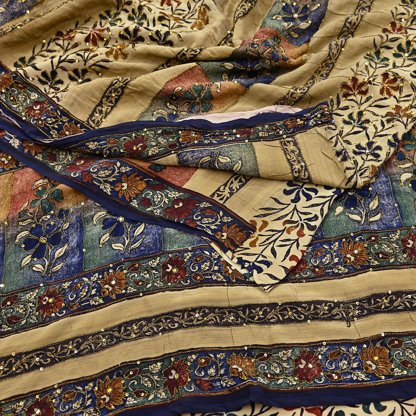 Indian Vintage Sari Beige Pure Crepe Silk Hand Embroidered Saree 6yd Sewing Floral Craft Sequins Dress making Crafting Quilting