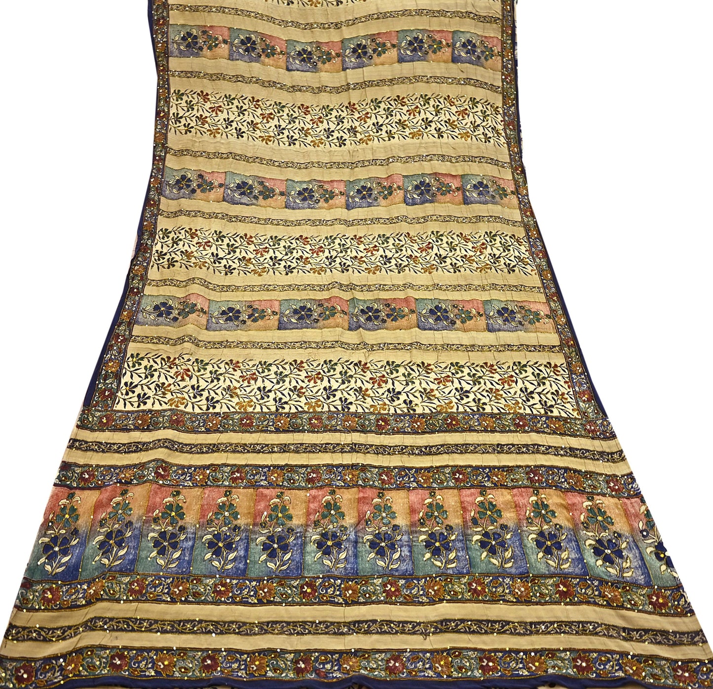 Indian Vintage Sari Beige Pure Crepe Silk Hand Embroidered Saree 6yd Sewing Floral Craft Sequins Dress making Crafting Quilting